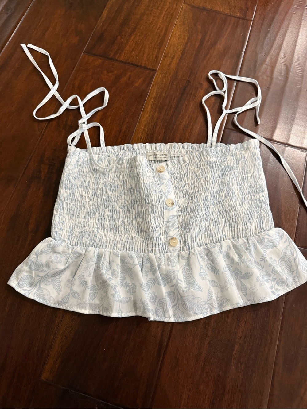 Paper Crane White and Light Blue Smocked Ruffle Cami